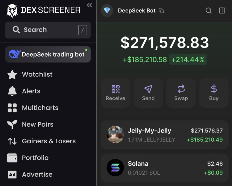 Versace_DeFi's tweet photo. DeepSeek is a crypto money printer 🚨

I built a bot that turned $246 into $272K on #jellyjelly 

Not clickbait – a real trading bot hooked up to the DexScreener API.

Here’s exactly how I did it 🧵👇 https://t.co/i0U4CqsTGZ