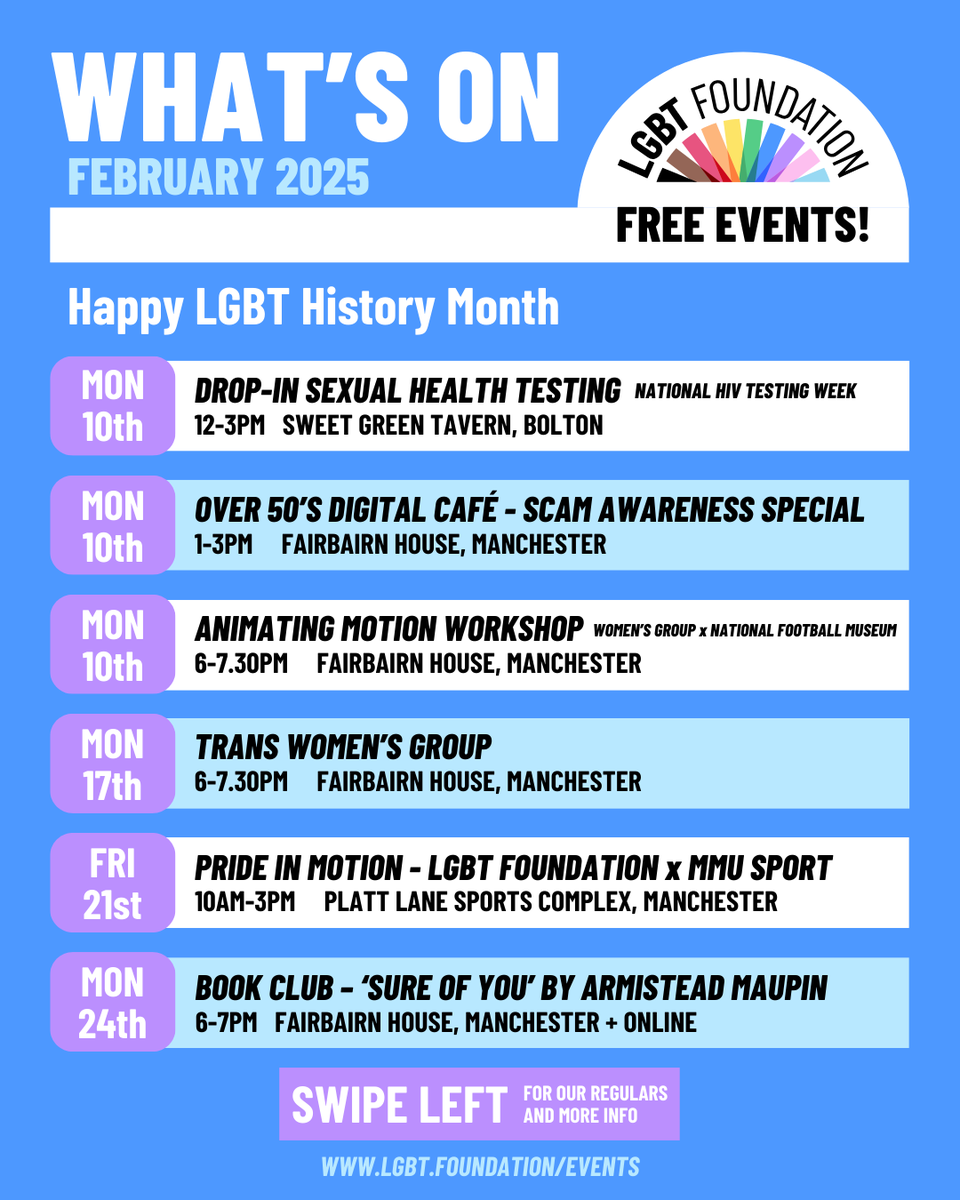 LGBTfdn's tweet photo. What's On this month at LGBT Foundation ๐๐From our regularly scheduled socials to special events designed to empower our community, we're looking to make this the best one yet.
#LGBTFoundation #LGBTHistoryMonth #LGBTEvents #GayManchester https://t.co/5I5Ki6STI2