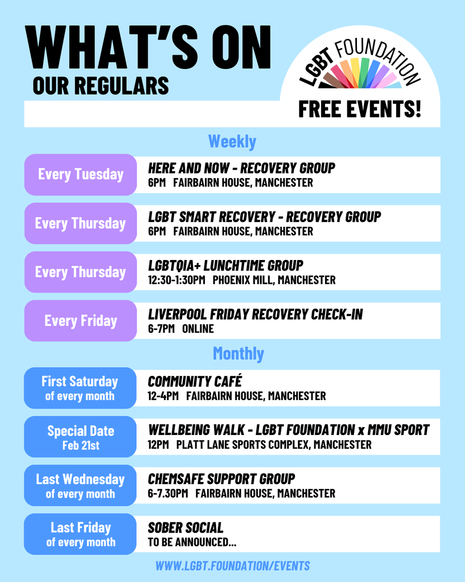 LGBTfdn's tweet photo. What's On this month at LGBT Foundation ๐๐From our regularly scheduled socials to special events designed to empower our community, we're looking to make this the best one yet.
#LGBTFoundation #LGBTHistoryMonth #LGBTEvents #GayManchester https://t.co/5I5Ki6STI2