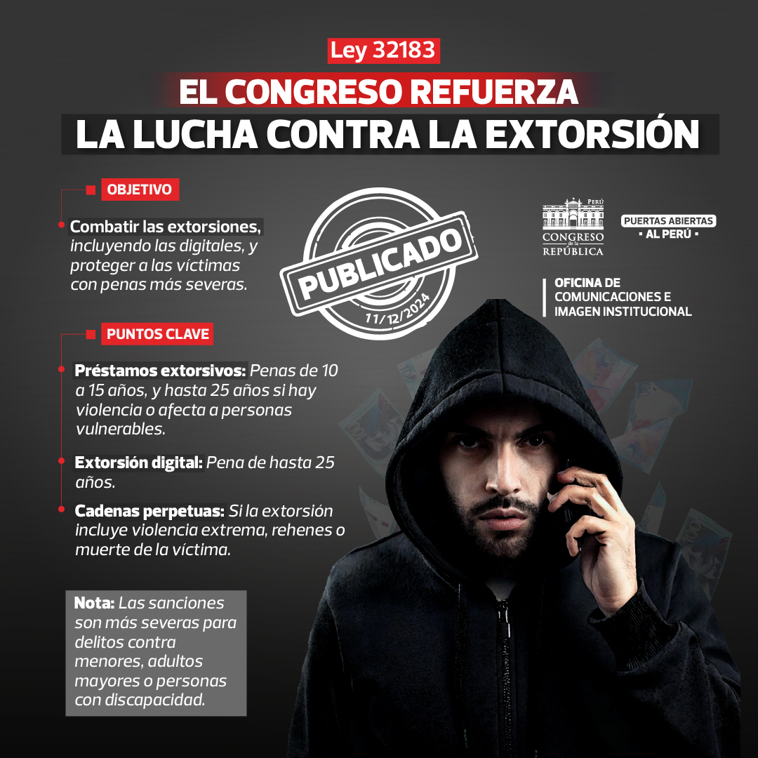 Reforzamos la lucha contra la extorsión! 👊 El Congreso impulsó la  aprobación de la Ley N.° 32183, que sanciona el delito de extorsión con  penas más severas y protege a las víctimas. ¡, image size:1080x1080