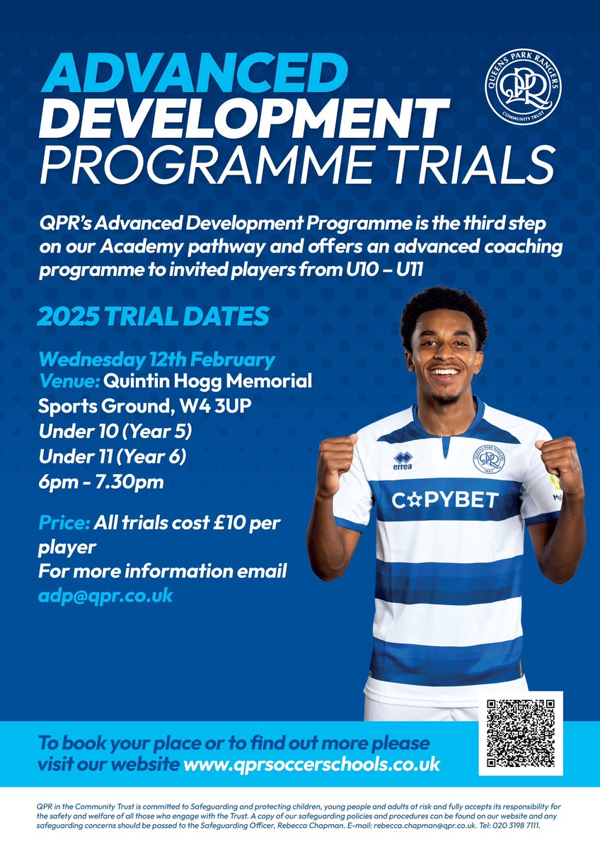 QPR Advanced Development Programme (@qpradp) on Twitter photo ๐ก๐๐ช ๐๐๐ง๐๐ฆ ๐๐ก๐ก๐ข๐จ๐ก๐๐๐ โฝ๏ธ
We are delighted to announce there are new spaces available on the trial day at our Quintin Hogg Venue in Chiswick ๐
๐ Wednesday 12th February
โฑ๏ธ 6pm - 7.30pm
๐ Quintin Hogg Memorial Sports Ground, W4 3UP
โถ๏ธ tinyurl.com/FebADPTrials ๐ก๐๐ช ๐๐๐ง๐๐ฆ ๐๐ก๐ก๐ข๐จ๐ก๐๐๐ โฝ๏ธ
We are delighted to announce there are new spaces available on the trial day at our Quintin Hogg Venue in Chiswick ๐
๐ Wednesday 12th February
โฑ๏ธ 6pm - 7.30pm
๐ Quintin Hogg Memorial Sports Ground, W4 3UP
โถ๏ธ tinyurl.com/FebADPTrials