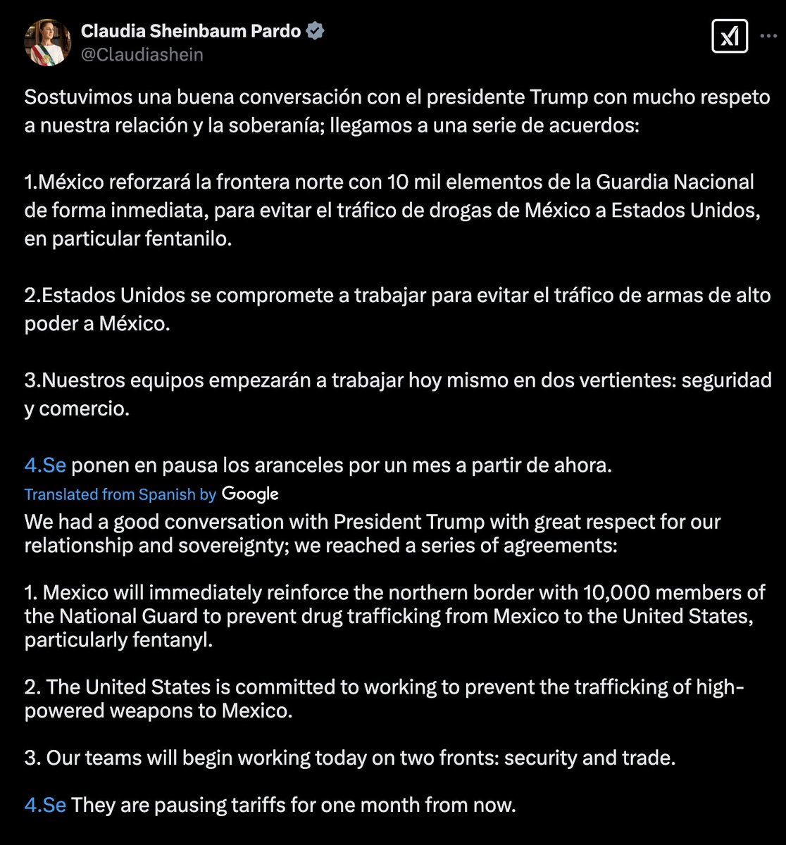 🚨🇲🇽🇺🇸 MEXICO'S PRESIDENT: WE ARE DEPLOYING 10,000 TROOPS TO THE BORDER, TARIFFS HIT PAUSE

After a “good” call with Trump, President Claudia Sheinbaum announced Mexico is sending 10,000 National Guard troops to the border to crack down on drug trafficking.

In exchange, the U.S.
