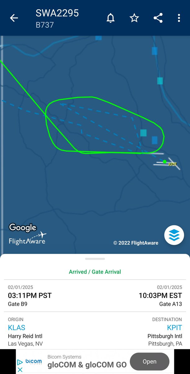 ScottOlenik's tweet photo. Southwest flight 2295, a Boeing 737-7H4, LAS-PIT on 2/1/25, missed approach due to another plane on the runway. https://t.co/dtaOiqDWHi