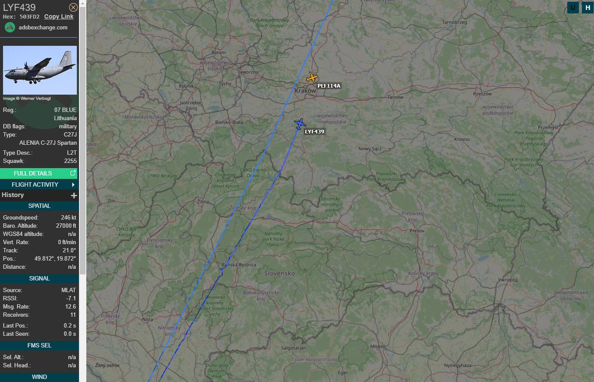 PolishMilRadar's tweet photo. ⌚️03.02 16:30LT
🇱🇹 Litewskie Siły Powietrzne / Lithuanian Air Force
✈️Alenia C-27J Spartan "07 BLUE"
#LYF439 na wysokości przelotowej FL270
🛫Baza Lotnicza Gioia del Colle #LIBV (prawdopodobnie)
🛬Baza Lotnicza Szwale #EYSA (prawdopodobnie)
🔗https://t.co/oP06SXXngB
#POLMILRADAR https://t.co/28IYaEaHK7