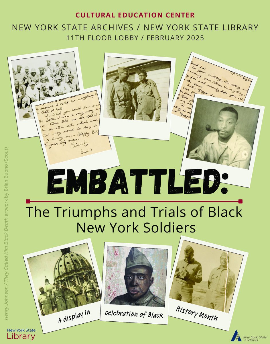 nysarchives's tweet photo. The NY State Archives and State Library’s Manuscripts and Special Collections Unit present a joint display for Black History Month. #Embattled focuses on Black soldiers’ military achievements and battle for equality. Records are on display in the 11th floor of the CEC during Feb. https://t.co/8LZwXv4cVk