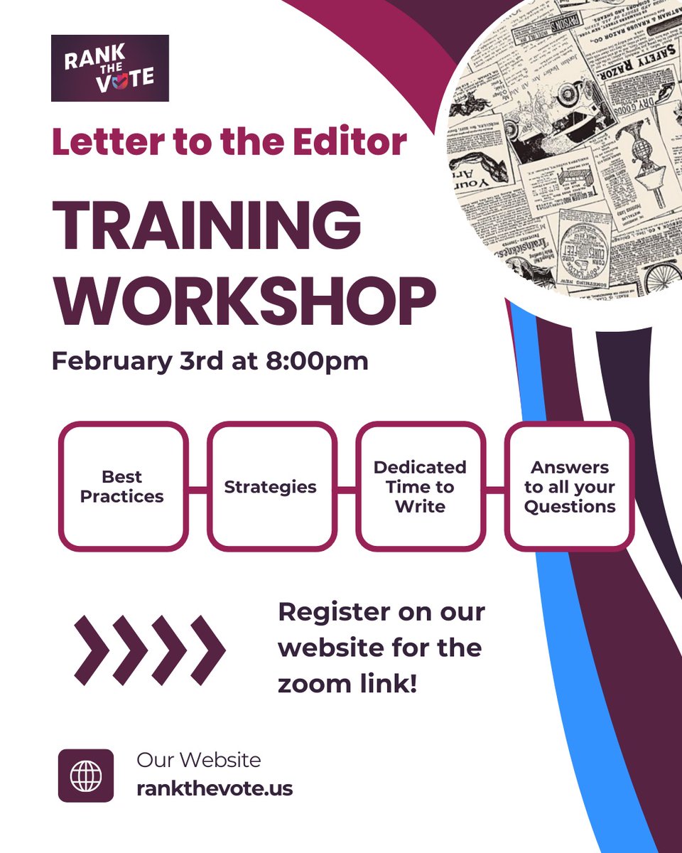 Join us tonight for a letters to the editor workshop!

Learn how to write effective letters for your local newspaper to boost the #RankedChoiceVoting signal in your community!

🗓️ Monday, February 3
🕗 8:00pm ET

Register: rankthevote.nationbuilder.com/https_rankthev…