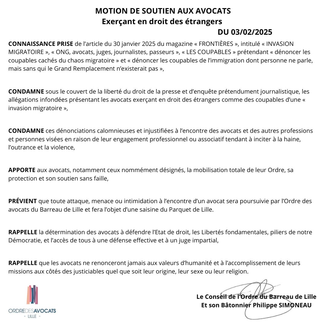 [MOTION DE SOUTIEN AUX AVOCATS]

Le Barreau de Lille a voté ce jour, une motion de soutien aux avocats exerçant en droit des étrangers.

<a href="/PhSimoneau/">PhilippeSimoneau</a> <a href="/SafLille/">SAF Lille</a> <a href="/ACEavocats/">ACE</a> <a href="/MereauF/">Mereau Florent</a>