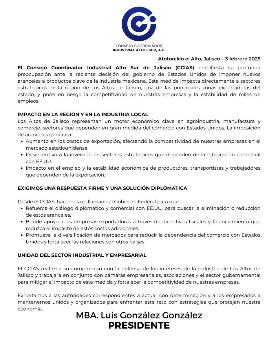 CCIAS_Jalisco's tweet photo. Desde #CCIAS, respaldamos el llamado de @CONCAMIN a la unidad nacional y al diálogo como herramientas clave para fortalecer nuestra industria y proteger la economía de #México ante los retos globales.
¡Sigamos trabajando juntos! @LuisglezCCIAS
#IndustriaFuerte #UnidadPorMéxico https://t.co/ahR8n687CV