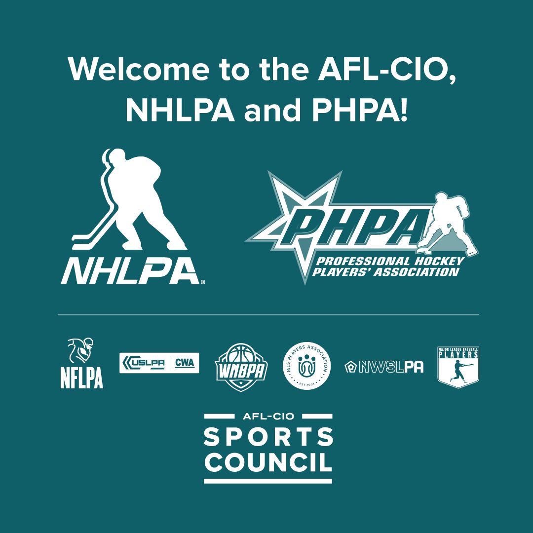 AFLCIO's tweet image. We’re excited to welcome the @NHLPA and @thephpa to the AFL-CIO! 

ALL workers deserve the power that comes with a union membership. Whether on the rink, in the classroom or on the factory floor, at 63 unions strong, America’s unions are ready to fight for our fair share ⬇️