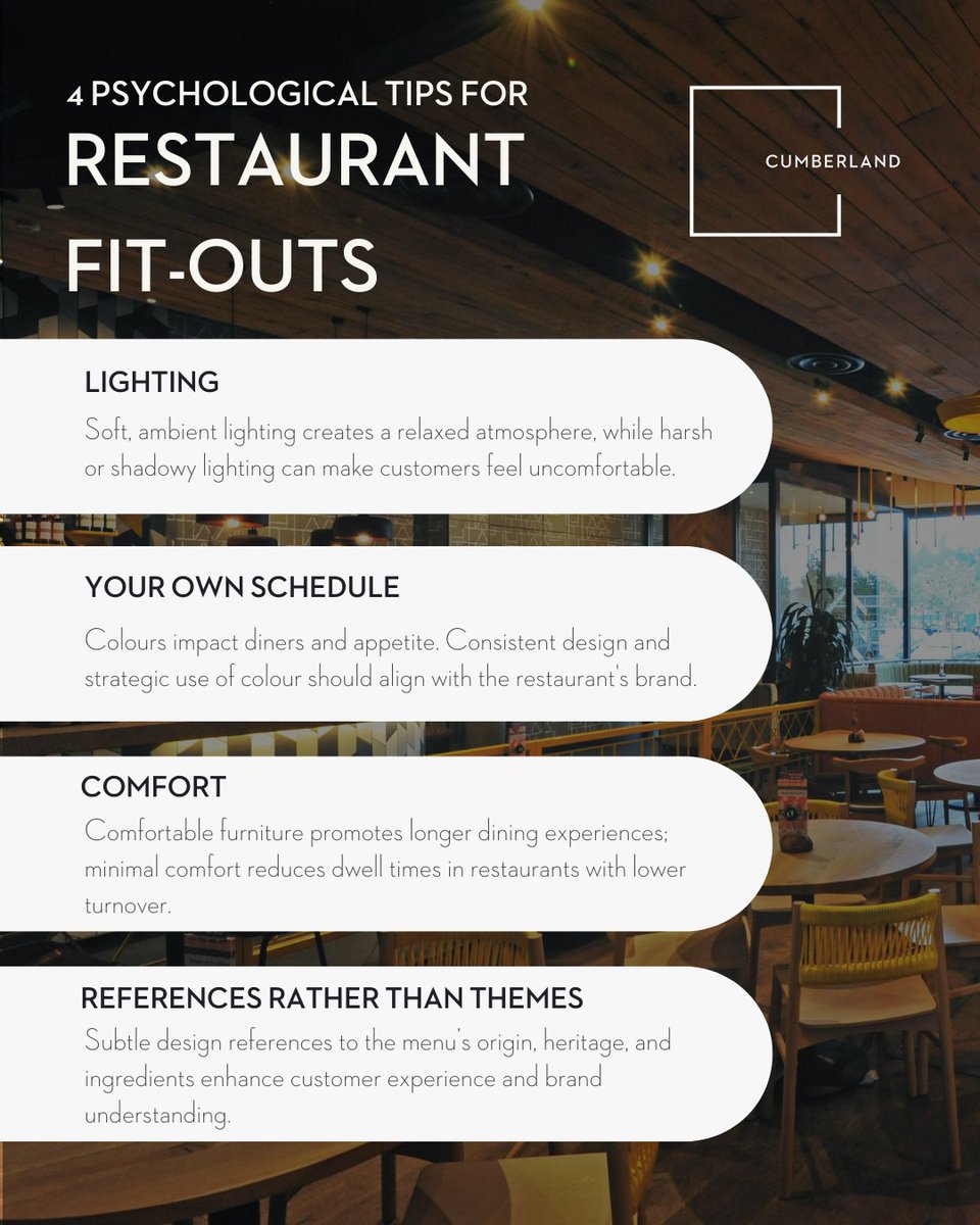 The Psychology of Restaurant Fit-Outs 💡

Great restaurant design shapes the dining experience. Lighting sets the mood, colours enhance appetite, and seating influences how long guests stay. At Cumberland Group, we create fit-outs that are both stunning and strategic.