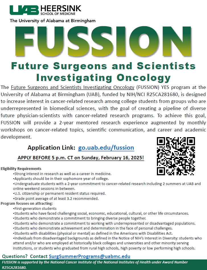 UAB Surgery (@uabsurgery) on Twitter photo The UAB Department of Surgery has a research program for high schoolers (PRISM) and one for undergrads (FUSSION). Help us spread the word on these unique opportunities to work w/ UAB's surgeon-scientists!
Apply by Feb. 16:
uab.edu/medicine/surge…
<a href="/DrAndreaGillis1/">Dr. Andrea Gillis</a> <a href="/afonsecaMD/">Annabelle Fonseca</a> The UAB Department of Surgery has a research program for high schoolers (PRISM) and one for undergrads (FUSSION). Help us spread the word on these unique opportunities to work w/ UAB's surgeon-scientists!
Apply by Feb. 16:
uab.edu/medicine/surge…
<a href="/DrAndreaGillis1/">Dr. Andrea Gillis</a> <a href="/afonsecaMD/">Annabelle Fonseca</a>