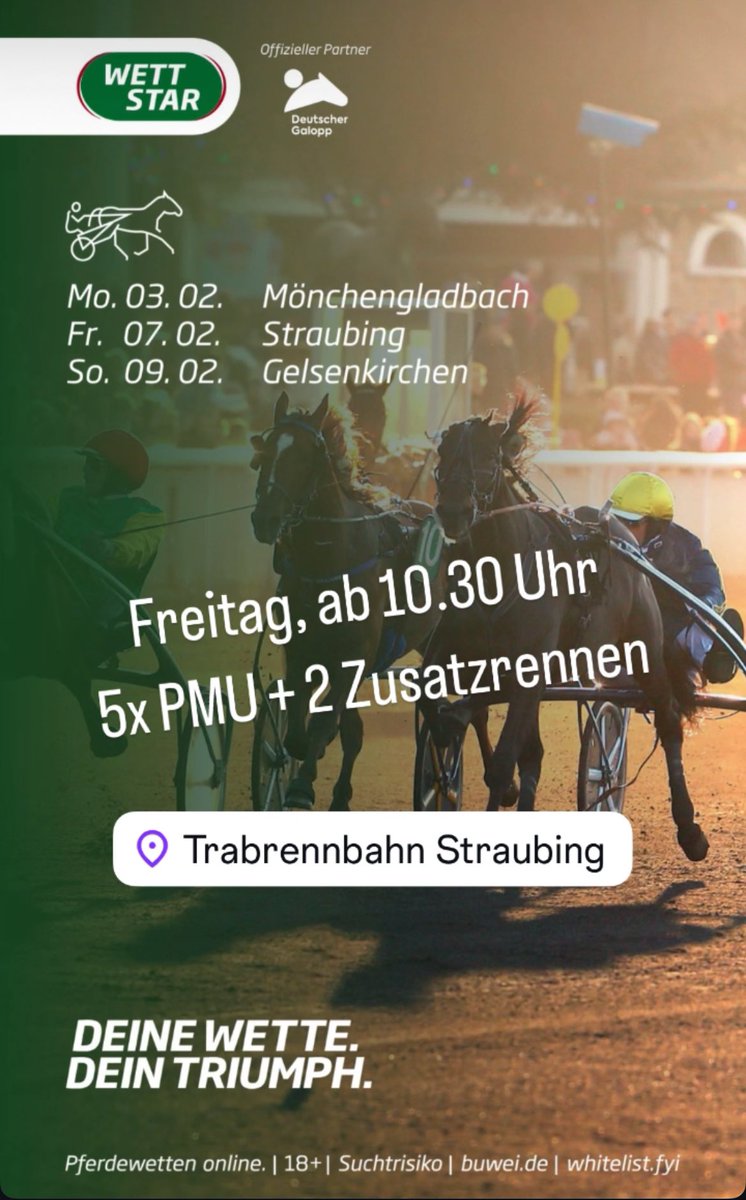TrabrennbahnSR's tweet photo. Freitag wird getrabt, ab 10.30 Uhr - beim PMU  -Mittagsrenntag eine V6-Wette mit 5.000 Euro Auszahlungsgarantie im Angebot

 #Gäubodenbahn #hvt #trotting #wettstar #teamlila💜 #pferderennen #Renntag #pmu #ATG #ustrotting #usharness #trottingrace #V6 #wettstarpferdewetten https://t.co/jmeZi1Jybn