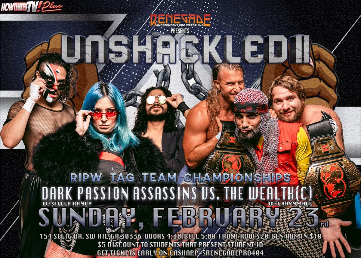🚨Match Release 6🚨 
Dark Passion Assassins vs The Wealth  For the
RIPW Tag Team Titles 
154 Selig Drive Sw Atlanta Georgia 
Doors open🚪 4:30 Belltime 🔔 5:00 Front Row 20$ General Admission 10$ Student Discount 5$ with ID