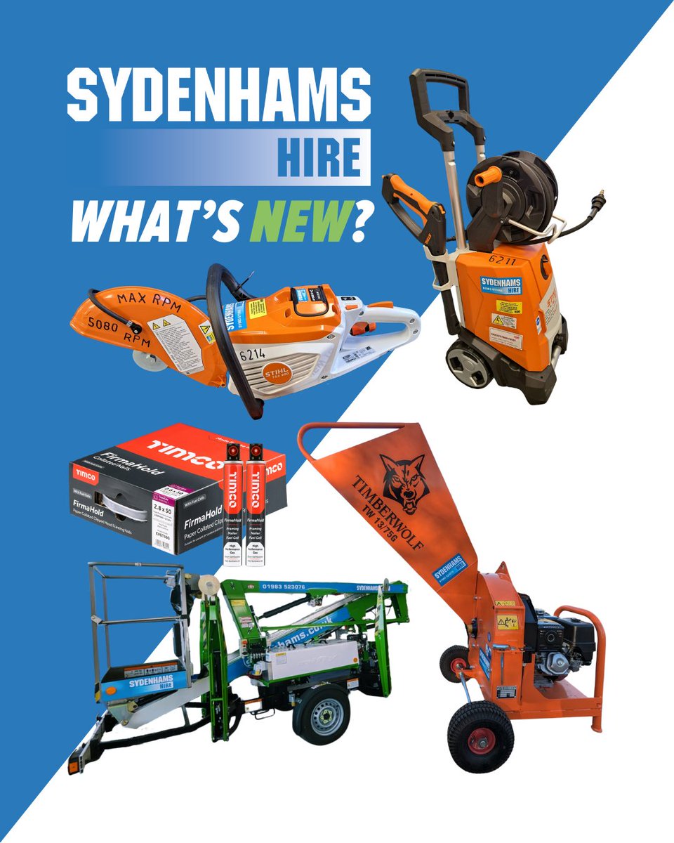 💥 Sydenhams #Hire: What's New? 💥

🏗️Newport: <a href="/NiftyliftWorld/">Niftylift Worldwide</a> ##120T &amp; <a href="/MyTimberwolf/">Timberwolf</a> #GardenChipper

💦Ryde: @STIHLGB 1500 #Psi #PressureWasher &amp; 300mm battery #CutOffSaw

🔨Devizes: <a href="/TIMco_tweets/">TIMCO</a> #FirmaHold #NailGun #Nails with #Gas

Find the right #Tool &amp; #HireYourWay today!📍