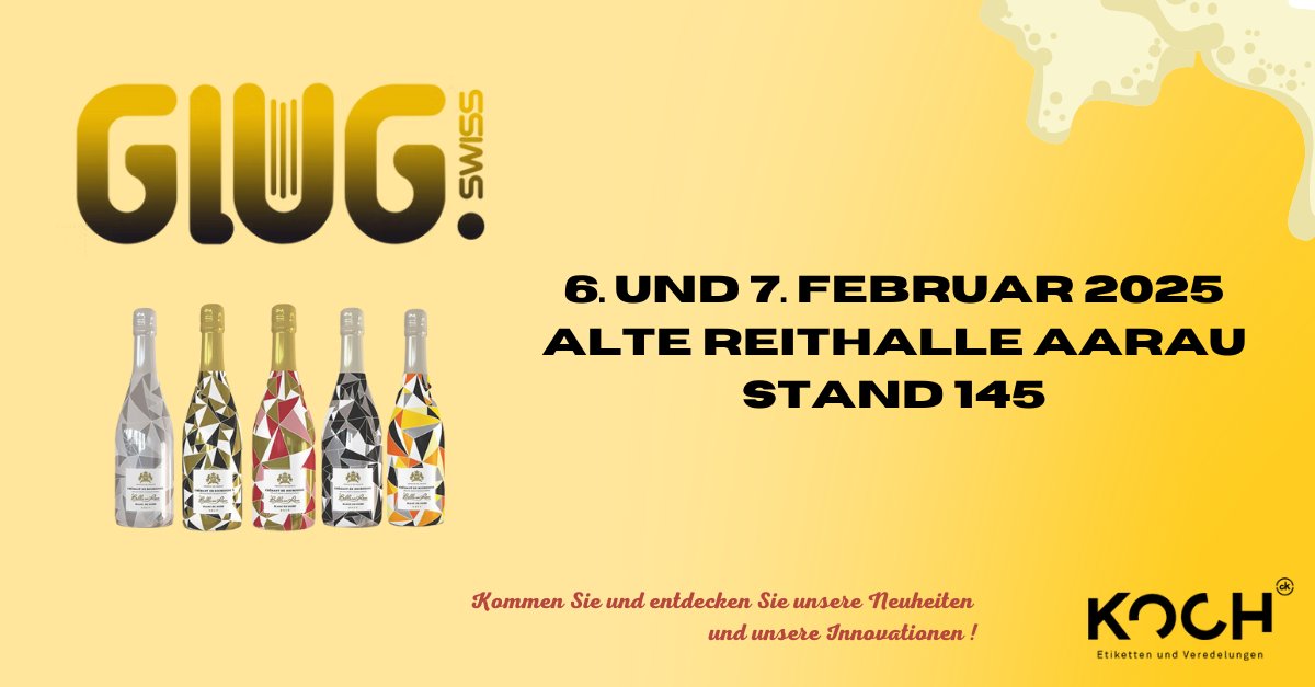 🇫🇷 Notre filiale suisse Koch AG participera au salon GLUG 2025, qui se tiendra les 6 et 7 février à Aarau. 
Venez nous rendre visite au stand 145 pour découvrir nos solutions d'étiquettes innovantes, spécialement conçues pour le marché des boissons. 🍷🍺

L'équipe se réjouit