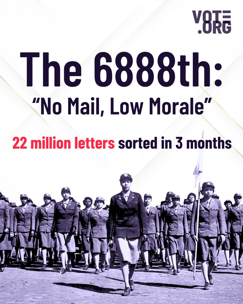 During WWII, The Six Triple Eight, the first and only all-Black, all-female battalion deployed overseas, cleared a 2-year mail backlog of 22M pieces of mail in just 3 months. "No Mail, Low Morale" was their motto. #BlackHistoryMonth