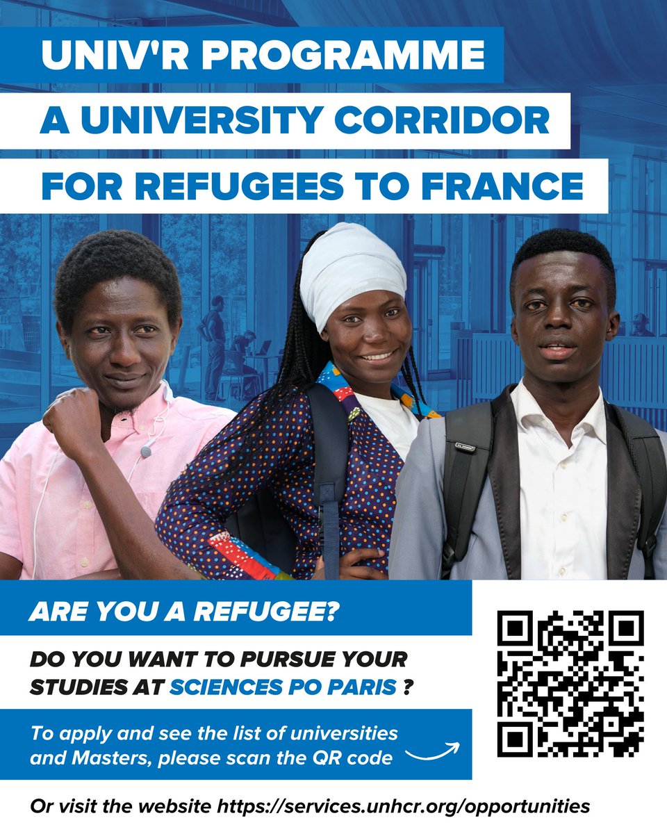 UNHCR_Education's tweet photo. 📢 Exciting opportunity!

The 4th cohort of the #UNIVR program is open for applications until 23 Feb.

🌍5 fully-funded Master's scholarships at Sciences Po Paris 4 refugees!🏫

🎓 Eligibility: Refugee status, BA degree, B2/C1 in Eng/Fr, 19-40 y/o.
 Apply➡️https://t.co/a71BTLdezo https://t.co/tYNLF4grVf