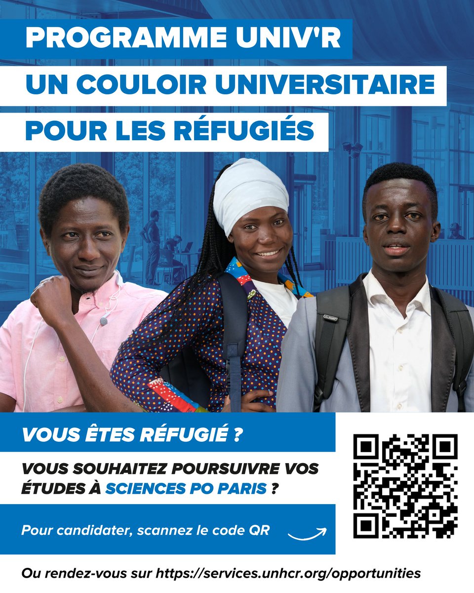 📢 Exciting opportunity!

The 4th cohort of the #UNIVR program is open for applications until 23 Feb.

🌍5 fully-funded Master's scholarships at Sciences Po Paris 4 refugees!🏫

🎓 Eligibility: Refugee status, BA degree, B2/C1 in Eng/Fr, 19-40 y/o.
 Apply➡️services.unhcr.org/opportunities/…