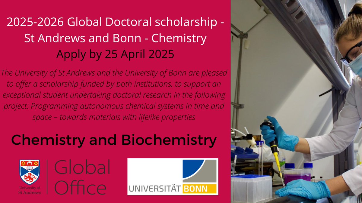 GlobalOfficeStA's tweet photo. 📢Apply now
🌍Global Doctoral Scholarship with @UniBonn in @StAndrewsChem
💸Joint PhD opportunity with tuition fee and stipend funding
⏳Applications welcome by 21 March 2025
👉https://t.co/HntOXiIjQu https://t.co/UYE6B9rbJC
