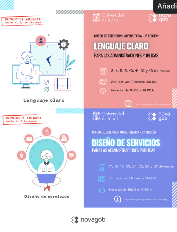 📢 ¡Atención! ✍️#MatriculaAbierta 

📝 Lenguaje Claro para las AAPP (1ªed)
📅 3-13 de mar | ⏰ 16:00-19:00
🔗 novagob.org/lenguaje-claro

🎨 Diseño de Servicios para las AAPP (2ªed)
📅 17-27 de mar | ⏰ 16:00-19:00
🔗 novagob.org/diseno-servici…

🏦 <a href="/UAHes/">Universidad Alcalá</a> <a href="/novagob/">Fundación NovaGob</a> 

🎓Certifica <a href="/UAHes/">Universidad Alcalá</a>