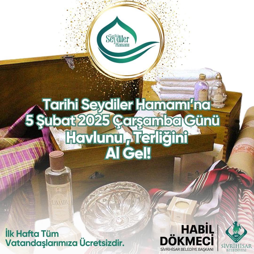 Tarihi Seydiler Hamamı, 5 Şubat Çarşamba günü hizmete başlıyor. 
Tüm hemşehrilerimizi bu eşsiz tarihi atmosfere davet ediyorum. İlk hafta tüm vatandaşlarımıza ücretsizdir.