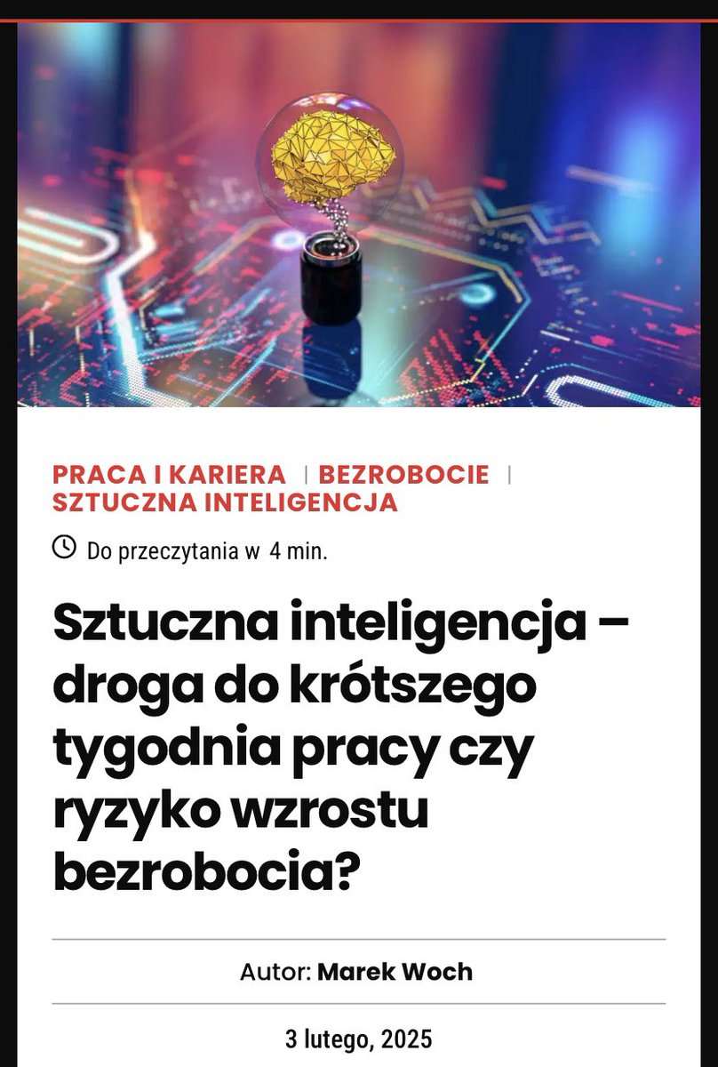 ‼️PE wezwał państwa członkowskie do oceny, czy utrata miejsc pracy w wyniku zastosowania technologii takich jak sztuczna inteligencja (AI) powinna prowadzić do opracowania strategii polityki publicznej, takich jak skrócenie czasu pracy.

🔗 <a href="/MagazynManager/">Magazyn Manager +</a> managerplus.pl/sztuczna-intel…