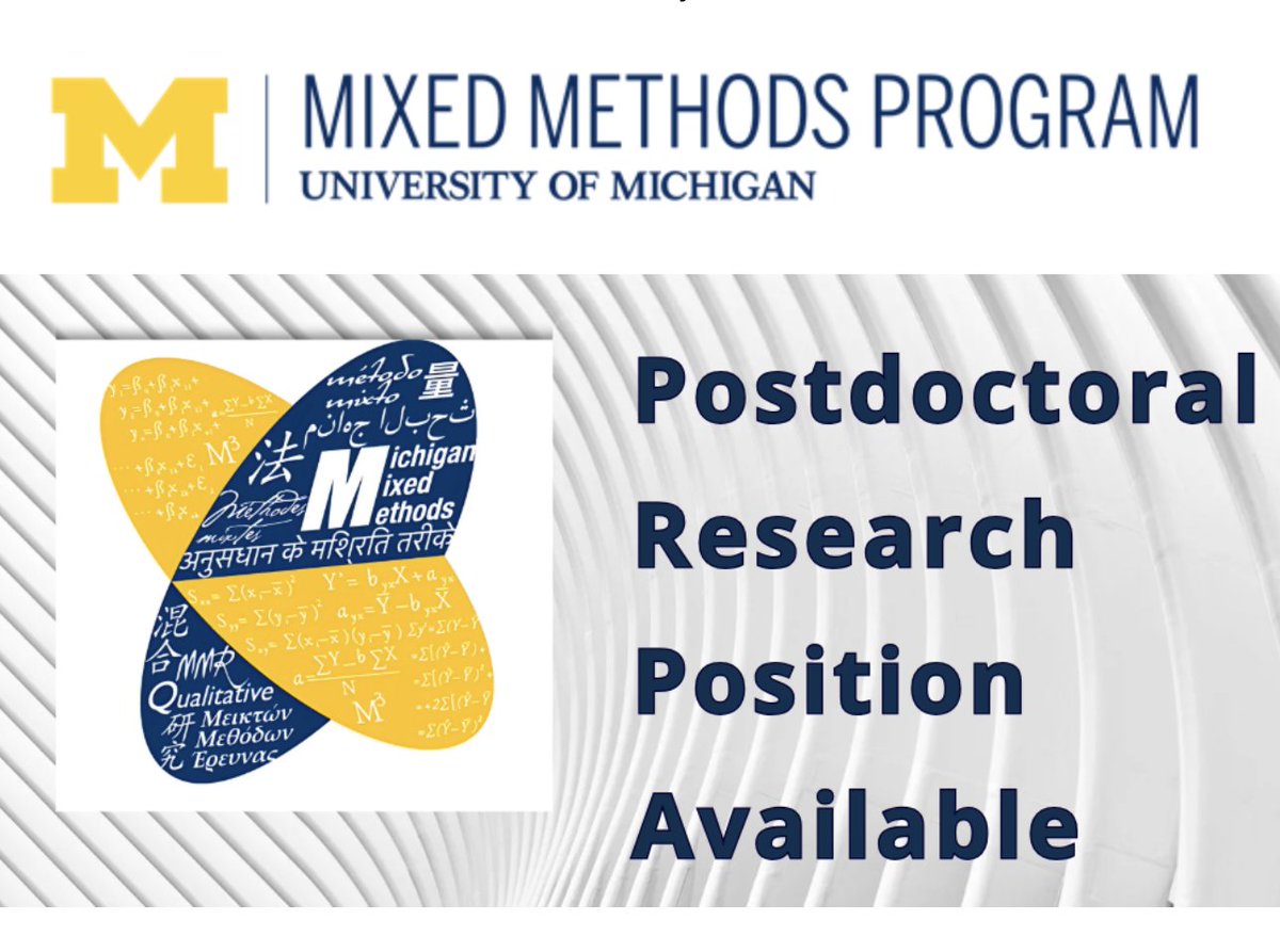 The Mixed Methods Program at U of M welcomes applications for our 2025-26 Postdoctoral Research Fellowship! This hybrid 2-year position is a fantastic opportunity to have a mixed methods research apprenticeship focused on empirical projects chosen with mentors. Please share!