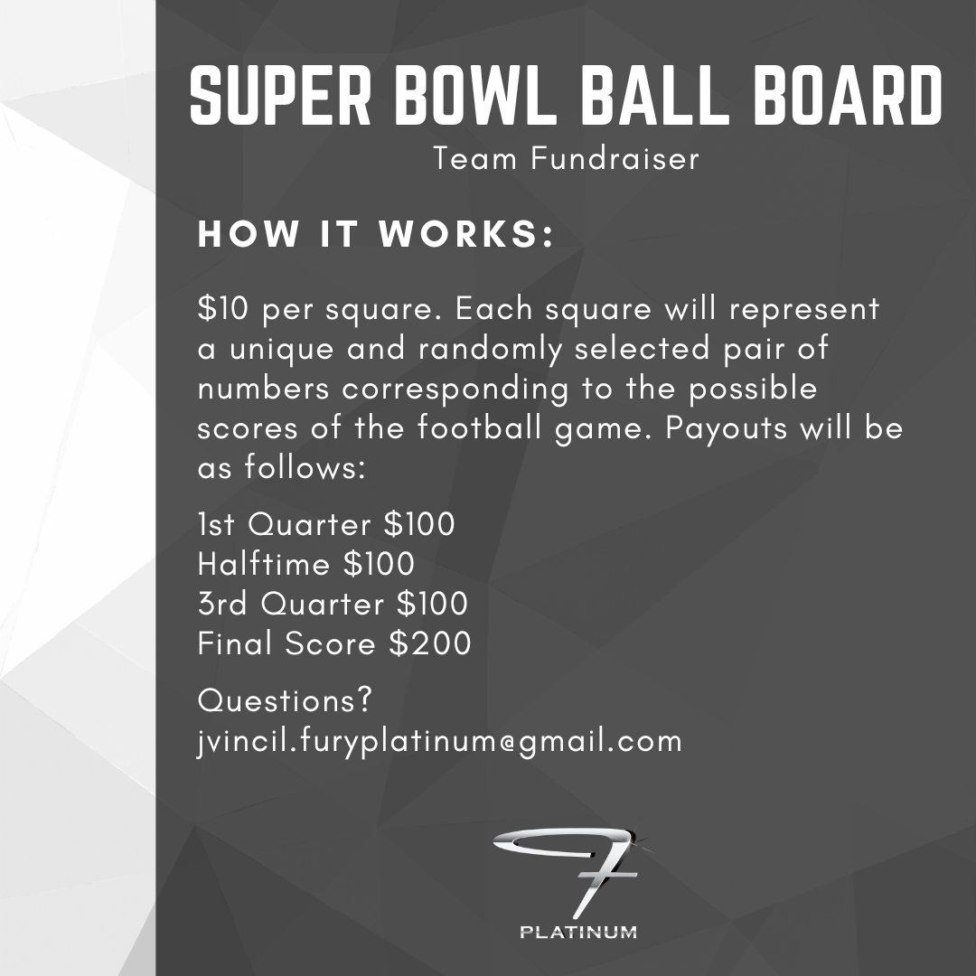 TN Fury Platinum Vincil (@furyplatvincil) on Twitter photo 🏈🔥 Super Bowl Squares – Support <a href="/FuryPlatVincil/">TN Fury Platinum Vincil</a> 🔥🏈
Super Bowl Sunday + a chance to win CASH = the perfect combo! 💰🏆 Snag a $10 square in our fundraiser and help our softball girls cover team & tourney fees!
Grab your squares, and let's play! 🥎🏈 🏈🔥 Super Bowl Squares – Support <a href="/FuryPlatVincil/">TN Fury Platinum Vincil</a> 🔥🏈
Super Bowl Sunday + a chance to win CASH = the perfect combo! 💰🏆 Snag a $10 square in our fundraiser and help our softball girls cover team & tourney fees!
Grab your squares, and let's play! 🥎🏈