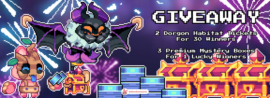 0xAizek's tweet photo. 📢 Get Your PHA Dorgon Habitat Tickets + Premium Mystery Boxes!

Time to take a break from those red portfolio numbers and unwind in Dorgon Habitat!  Enjoy the relaxing content, or if you need to vent, unleash your competitive spirit in some PvP action! 😉

🎟️ I'm giving away 2 Dorgon Habitat tickets to 30 lucky winners – 20 from here and 10 reserved for my community.  And that's not all! 
🎁 One incredibly lucky person will also win 3 Premium Mystery Boxes!

How to join the giveaway:
- Follow @abondinosaurus @PixelHeroesMMO 
- Like, repost, and reply with your Ronin Wallet
- Tag 3 friends who should join the giveaway
⚠️ Ensure your wallet is connected to the https://t.co/rF0mIJd2BH using the same email address you used for your game login.

⏰ 48 hours to go! Get your entries in now!