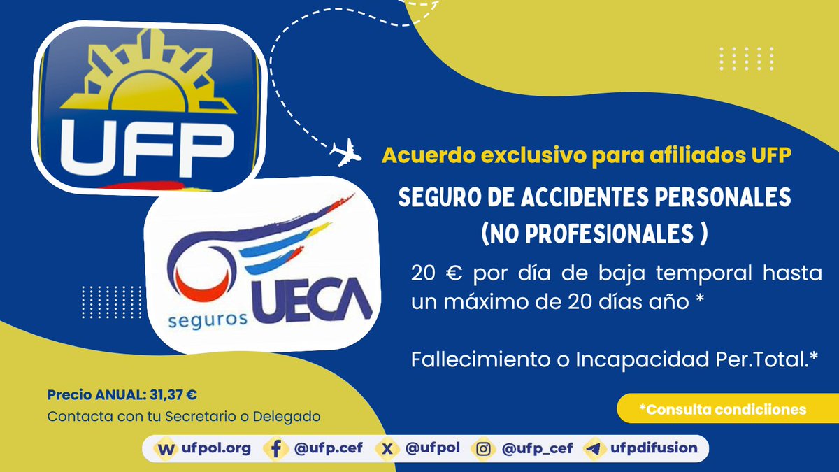 ufpol's tweet photo. 🚨 Novedad exclusiva para afiliados UFP 🚨
💸Hemos firmado un acuerdo con UECA para que tengas el mejor seguro de accidentes personales. 🛡️👮♂️
💙 Protección completa, tranquilidad garantizada. Cuidar de ti es nuestra misión. #UFP #ATuLado #UFPavanza https://t.co/lrLMePa50I