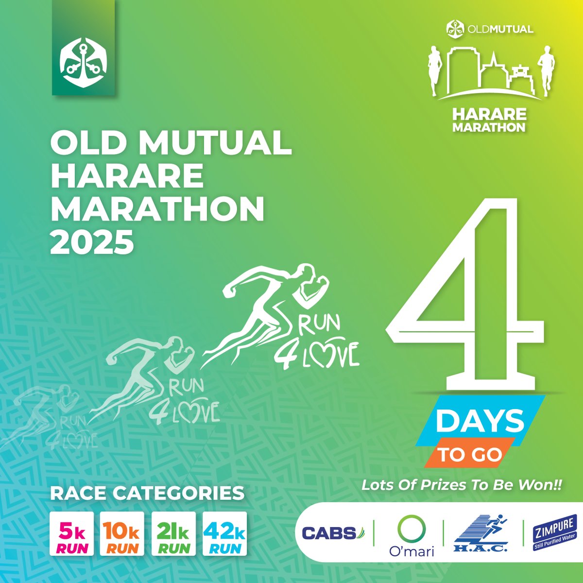 OldMutualZW's tweet photo. 🔥 4 Days to Go! 🔥
 Are you pumped? The Old Mutual Harare Marathon is almost here! Make sure your gear is ready, and your mind is set on crushing those goals. 💪
 #4DaysToGo #Run4love #OldMutual #HarareMarathon2025 #RaceDayReady https://t.co/ji9f9T4FJQ