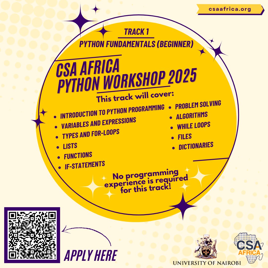 CSAcademyAfrica's tweet photo. π 2025 Python Workshop β Track 1: Python Fundamentals (Beginner) π
New to coding? Learn Python basics, loops, functions, & more in our 3-week workshop! No experience needed.
π
Apply now: https://t.co/uDJYWNMac0
π More info: https://t.co/0gy3CMCThp
#PythonWorkshop #CSAAfrica https://t.co/YTunkSpPy2