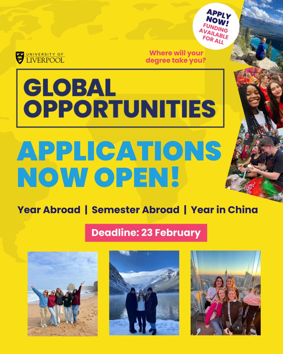 ⭐️ PRE-APPLICATION WEEK ⭐️

Pre-Application Week is taking place from today (Mon 3 Feb) until Friday! 

With the application deadline less than 3 weeks away, this is the perfect opportunity to find out more ✨

You can view all the sessions now 👉 liverpool.ac.uk/global-opportu…