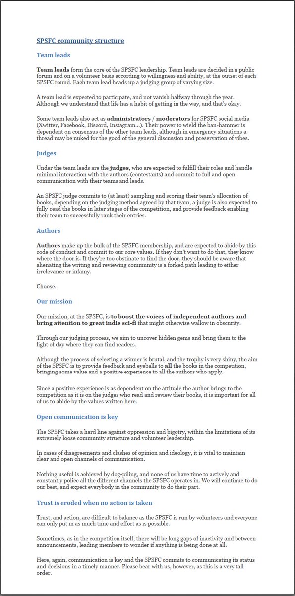 theSPSFC's tweet photo. The #SPSFC now has an official code of conduct and statement of values, and we are happy to share that with you here.

Now hopefully we can all get on with enjoying some excellent indie sci-fi. https://t.co/WsiKI97OSE