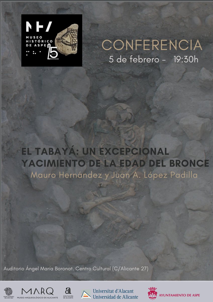 Esta semana nos visitan Mauro Hernández y Juan A. López Padilla. Ambos, muy ligados al yacimiento El Tabayá desde que comenzó a investigarse en 1987, nos pondrán al día de las últimas investigaciones.
🗓️ Miércoles 5 febrero
⏰ 19’30
📍Auditorio Ángel Mª Boronat