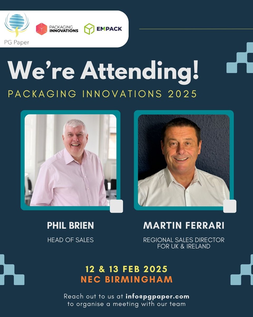 PGpaperLtd's tweet photo. The countdown is on until Packaging Innovations & Empack 2025!
@EasyfairsPackUK
Arrange a meeting with the PG Paper representatives, Martin and Phil to find out how we can support your business in 2025: 📧info@pgpaper.com
#PackagingInnovations #Empack #Packaging #Exhibition https://t.co/VrsNjczv5z