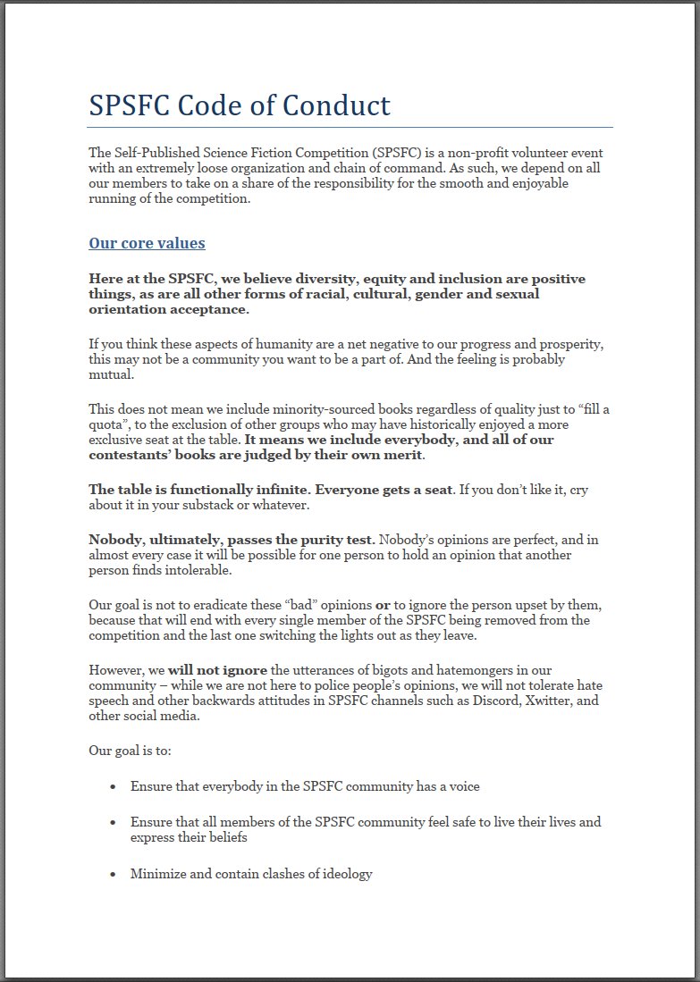 theSPSFC's tweet photo. The #SPSFC now has an official code of conduct and statement of values, and we are happy to share that with you here.

Now hopefully we can all get on with enjoying some excellent indie sci-fi. https://t.co/WsiKI97OSE