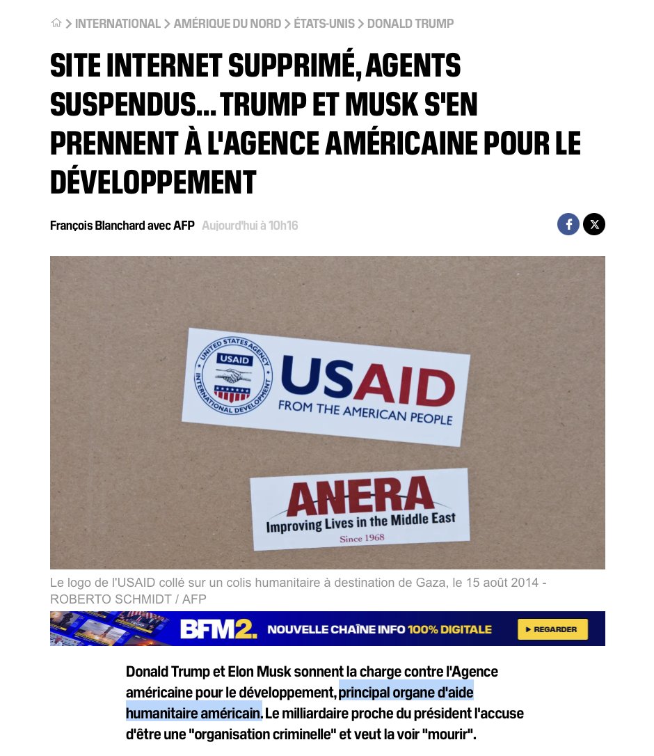 ame_ism's tweet photo. Pendant ce temps dans le Mediaverse, nos propagandistes s'activent afin de faire passer la caisse noire des ingérences américaines pour une gentille "aide humanitaire" dont dépendraient "des millions de vies". 

L'USAID, comme la NED et le Département d'Etat sont impliqués dans énormément d'actions douteuses dont on commence à peine à découvrir le sommet de l'iceberg. Ils ont financé les recherches sur les gains de fonction dans le fameux laboratoire de Wuhan à l'origine de la pandémie. Ils ont financé des cultures d'opium en Afghanistan qui servent à la production d'héroïne. Ils ont financé plus de 70 ONGs en Ukraine qui ont participé à l'insurrection de la place Maïdan. Et tout ça à des fins "humanitaires" (🤣) nous disent les "legacy media".

Sans compter leurs rôles prédominants dans le Complexe Industriel de la Censure à l'origine de tous les lobbies de "fact-checking" et de "lutte contre la désinformation". Je l'ai dit ici : ces organes financent l'IFCN qui pilotent tous les fact-checkeurs européens. Mais il y a mieux ! On a appris que l'USAID avait aussi des contrats de plusieurs millions de $ avec les agences de presse comme Reuters ou la BBC, et qu'ils ont financé des groupes de journalistes pour "enquêter" sur les lanceurs d'alertes qui ont découvert les crimes de Hunter Biden dans son ordinateur... 

L'USAID est aussi derrière le programme "Countering Disinfo" dans lequel on retrouve... notre Agence France Presse !

Et ce n'est que le début. 

Tous les théories "complotistes" sont en train d'être validées au grand jour mais nos "legacy media" continuent désespérément d'étouffer cette monstrueuse montagne de révélations. Il m'est avis que les initiatives comme "HelloQuitteX" ne sont pas arrivé par hasard : quand on sait que Chavalarias a travaillé avec les ONG en lien avec l'USAID pour des programmes de censure politique pendant des élections françaises, on comprend pourquoi il s'agissait de faire migrer un maximum de personne du seul espace où seront diffusées ces révélations...