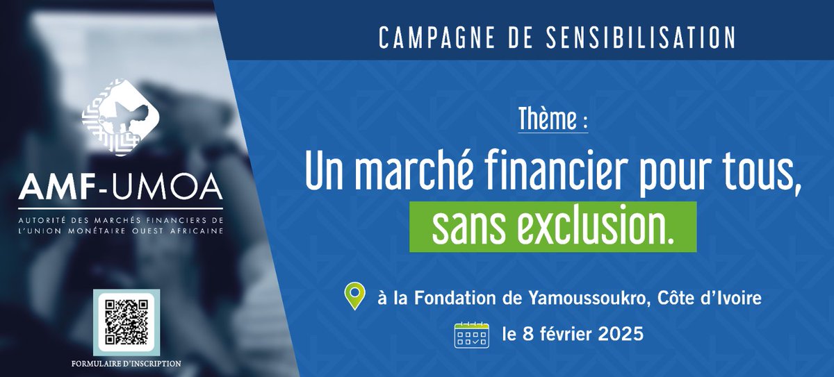 AMF_UMOA's tweet photo. 📢 𝐒𝐞𝐧𝐬𝐢𝐛𝐢𝐥𝐢𝐬𝐚𝐭𝐢𝐨𝐧 𝐬𝐮𝐫 𝐥𝐞 𝐌𝐚𝐫𝐜𝐡𝐞́ 𝐅𝐢𝐧𝐚𝐧𝐜𝐢𝐞𝐫 𝐑𝐞́𝐠𝐢𝐨𝐧𝐚𝐥 
🎯 𝗘́𝘁𝘂𝗱𝗶𝗮𝗻𝘁𝘀 𝗱𝗲 𝗹𝗮 𝘇𝗼𝗻𝗲 𝗨𝗘𝗠𝗢𝗔, 𝗰𝗲𝘁 𝗲́𝘃𝗲́𝗻𝗲𝗺𝗲𝗻𝘁 𝗲𝘀𝘁 𝗽𝗼𝘂𝗿 𝘃𝗼𝘂𝘀 !

L’Autorité des Marchés Financiers de l'Union Monétaire Ouest Africaine (AMF-UMOA) organise une 𝗷𝗼𝘂𝗿𝗻𝗲́𝗲 𝗱𝗲 𝘀𝗲𝗻𝘀𝗶𝗯𝗶𝗹𝗶𝘀𝗮𝘁𝗶𝗼𝗻 𝗲𝘁 𝗱𝗲 𝗽𝗿𝗼𝗺𝗼𝘁𝗶𝗼𝗻 𝗱𝘂 𝗠𝗮𝗿𝗰𝗵𝗲́ 𝗙𝗶𝗻𝗮𝗻𝗰𝗶𝗲𝗿 𝗥𝗲́𝗴𝗶𝗼𝗻𝗮𝗹 à votre intention. Venez découvrir les opportunités qu’offre ce marché et renforcer vos connaissances en éducation financière !

📅 Date : 𝗦𝗮𝗺𝗲𝗱𝗶 𝟴 𝗳𝗲́𝘃𝗿𝗶𝗲𝗿 𝟮𝟬𝟮𝟱
📍 Lieu : 𝗙𝗼𝗻𝗱𝗮𝘁𝗶𝗼𝗻 𝗙𝗲́𝗹𝗶𝘅 𝗛𝗼𝘂𝗽𝗵𝗼𝘂𝗲̈𝘁-𝗕𝗼𝗶𝗴𝗻𝘆 𝗱𝗲 𝗬𝗮𝗺𝗼𝘂𝘀𝘀𝗼𝘂𝗸𝗿𝗼
🎯 Thème : "𝐔𝐧 𝐦𝐚𝐫𝐜𝐡𝐞́ 𝐟𝐢𝐧𝐚𝐧𝐜𝐢𝐞𝐫 𝐩𝐨𝐮𝐫 𝐭𝐨𝐮𝐬, 𝐬𝐚𝐧𝐬 𝐞𝐱𝐜𝐥𝐮𝐬𝐢𝐨𝐧"

💡 𝑷𝒐𝒖𝒓𝒒𝒖𝒐𝒊 𝒑𝒂𝒓𝒕𝒊𝒄𝒊𝒑𝒆𝒓 ?

✅ Comprendre le fonctionnement du Marché Financier Régional
✅ Découvrir les opportunités d’investissement et de financement
✅ Échanger avec des experts et acteurs du secteur

Venez découvrir les opportunités qu’offre le Marché Financier Régional, poser vos questions et enrichir vos connaissances sur la gestion financière et l’investissement !

🔹 𝗜𝗻𝘀𝗰𝗿𝗶𝗽𝘁𝗶𝗼𝗻 𝗲𝗻 𝗹𝗶𝗴𝗻𝗲 𝗶𝗰𝗶 : https://t.co/sPRNT7zTaH

🔍 Restez connectés et suivez-nous pour plus d’informations !

Ne manquez pas cette occasion d’apprendre davantage sur le Marché Financier de l'UMOA ! 💡

#AMF_UMOA #MarchéFinancier #Yamoussoukro #InclusionFinancière #Sensibilisation #EducationFinancière
