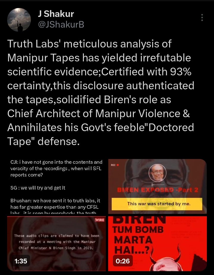 haokip_alice's tweet photo. The Supreme Court has sought a forensic report on leaked audio tapes implicating CM Biren Singh in Manipur’s violence, while Truth Labs has already confirmed with 93% certainty that the voice is his. The evidence is mounting, Biren is responsible for ethnic strife in the state. https://t.co/EkKB58pHwr