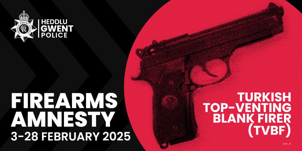 🚨 Gwent Police is part of a UK-wide amnesty this month (February) on Turkish manufactured top-venting blank firers (TVBF), which are now illegal to own.

Anyone found in possession of a TVBF from 1 March could face up to 10 years’ imprisonment.

🔗 orlo.uk/J1tKN