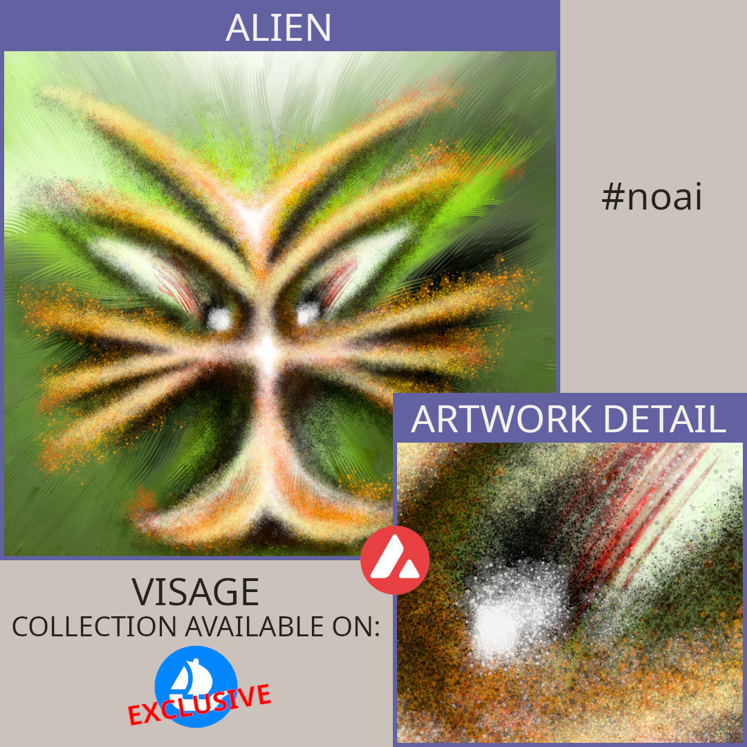 CofettiArt's tweet image. The background: a verdant green, fading to white, mimicking hair, perhaps? Vertical brushstrokes add depth, a sense of movement. 🌿 #GreenArt #NatureInspired #AlienLife #Visage #noai
opensea.io/collection/cof…
1 $AVAX, 1/1