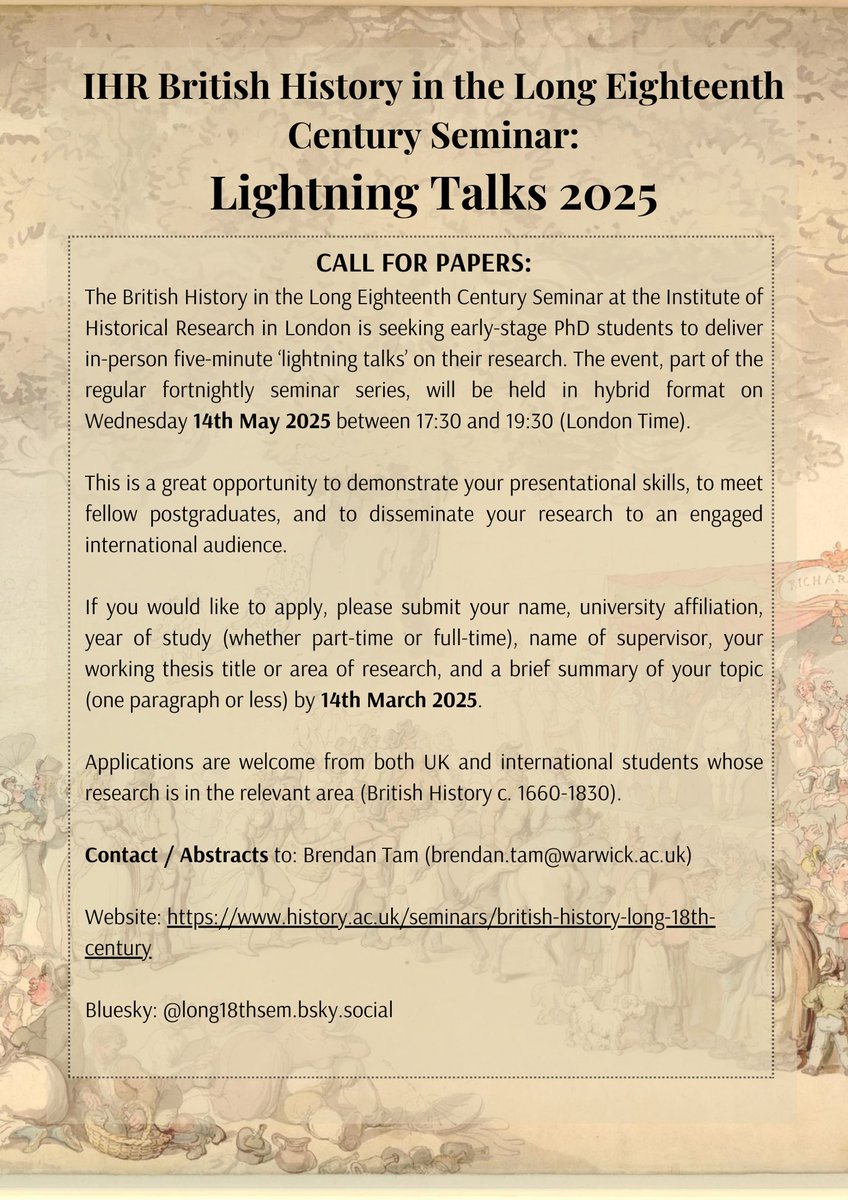 CFP - Please share!

<a href="/long18thsem/">IHR British History in the Long C18th Seminar</a> is hosting its annual Lightning Talks session, aimed towards hearing presentations about the research of early stage PhDs working on Britain History in the long 18th century. 

See the attached poster for further information