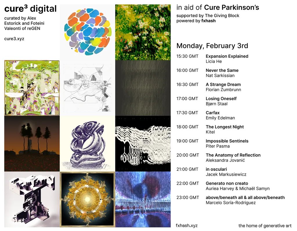 today's the big day — Cure³ 2025 kicks off on fxhash! 🚀

at 15:30 GMT, 11 stellar projects will open for minting — we'll have lots to share throughout the day 📢✨

here's a quick final roundup of all the important info and links 👇🧵🔗