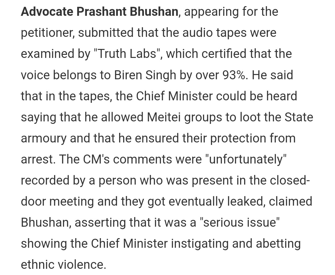 haokip_alice's tweet photo. The Supreme Court has sought a forensic report on leaked audio tapes implicating CM Biren Singh in Manipur’s violence, while Truth Labs has already confirmed with 93% certainty that the voice is his. The evidence is mounting, Biren is responsible for ethnic strife in the state. https://t.co/EkKB58pHwr