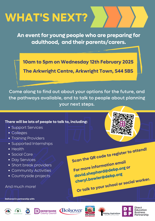 Our 'What Next?' event aims to empower young people with special educational needs and disabilities to find out about options for their future, pathways available, and plan next steps.

Please share with your contacts, friends, family &amp; colleagues who may find this of interest.