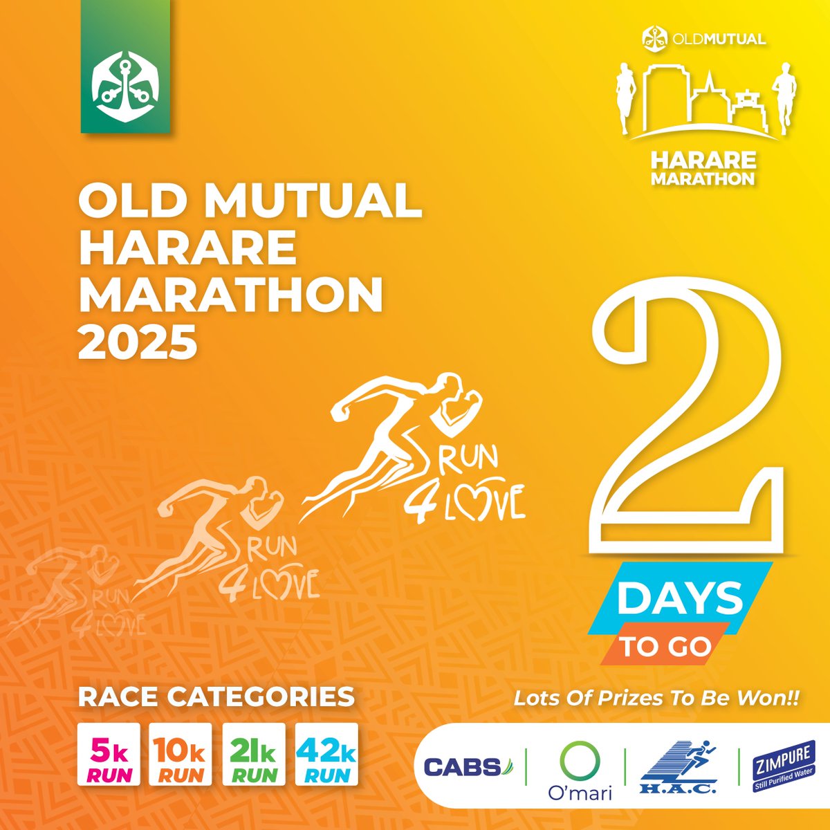 OldMutualZW's tweet photo. ⚡ 2 Days Left! ⚡
 Can you feel the excitement? We certainly are! The Old Mutual Harare Marathon 2025 is just around the corner. Two days until we run, sweat, and celebrate together! 🎉
Let’s make this marathon one to remember!
#2DaysToGo #Run4love #OldMutualZw #HarareMarathon2025 #FitnessJourney