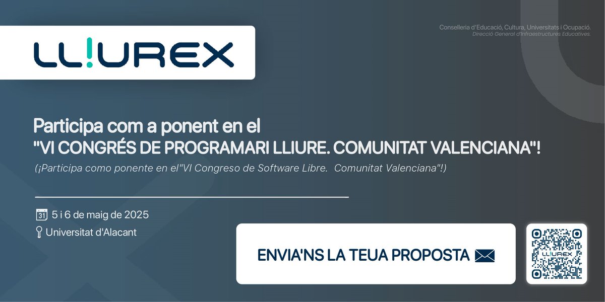 ITedugva's tweet photo. 🗞️🐭LLIUREX

⭐ Ja és ací el "VI Congrés de Programari Lliure. Comunitat Valenciana"!

📅 5 i 6 de maig
📍 Universitat d'Alacant

👉 T'agradaria participar com a ponent? Envia'ns la teua proposta: https://t.co/y3PUN16sba https://t.co/7G6eoy8psE