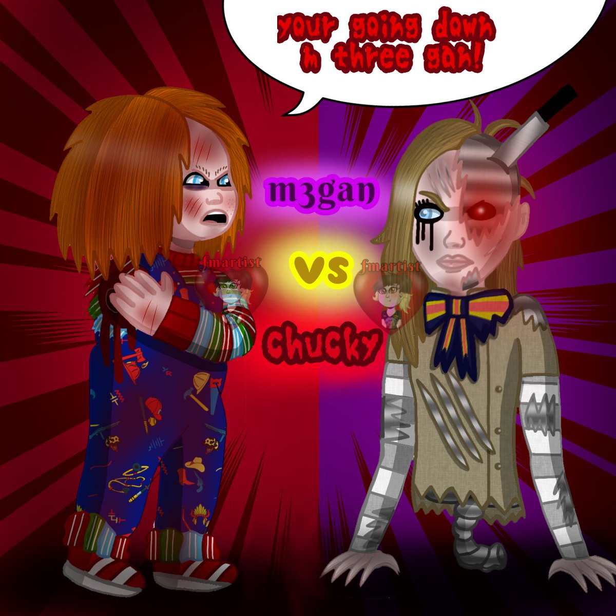 Fmartist249's tweet photo. Made chucky vs m3gan after battle  chucky won definitely lol #chucky #ChuckySeason3 #chuckyseries @ChuckyIsReal @RealDonMancini @JenniferTilly  art made by fmartist😉👍 hope u like ur victory chucky 🏆 https://t.co/IyxVQ188da