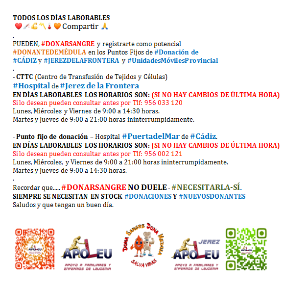 A DIARIO PUEDES #DONARSANGRE Y REGISTRARTE COMO #DONANTEDEMÉDULA EN RT🙏❤️💉💪
<a href="/ciudadjerez/">Ayuntamiento de Jerez</a> <a href="/ApoLeu/">ApoLeu</a> <a href="/GuiadeJerez/">GuiadeJerez</a> <a href="/cadizhoy/">Cadiz Hoy</a> @ondapasioncom <a href="/AytoSanlucar/">Ayuntamiento de Sanlúcar de Barrameda</a> <a href="/SanlucarALdia/">Sanlúcar al día</a> <a href="/ElPuerto/">Ayuntamiento de El Puerto de Santa María</a> <a href="/PuertoRealHoy/">PuertoRealHoy</a> <a href="/SaludLocalCadiz/">RELAS-Cádiz</a> <a href="/HUPMCadiz/">HospitalPuertadelMar</a> <a href="/FCC_UCA/">Facultad de Ciencias</a>
#DONASANGRE #DONAMÉDULA #SALVAVIDAS #REGALALATIDOS